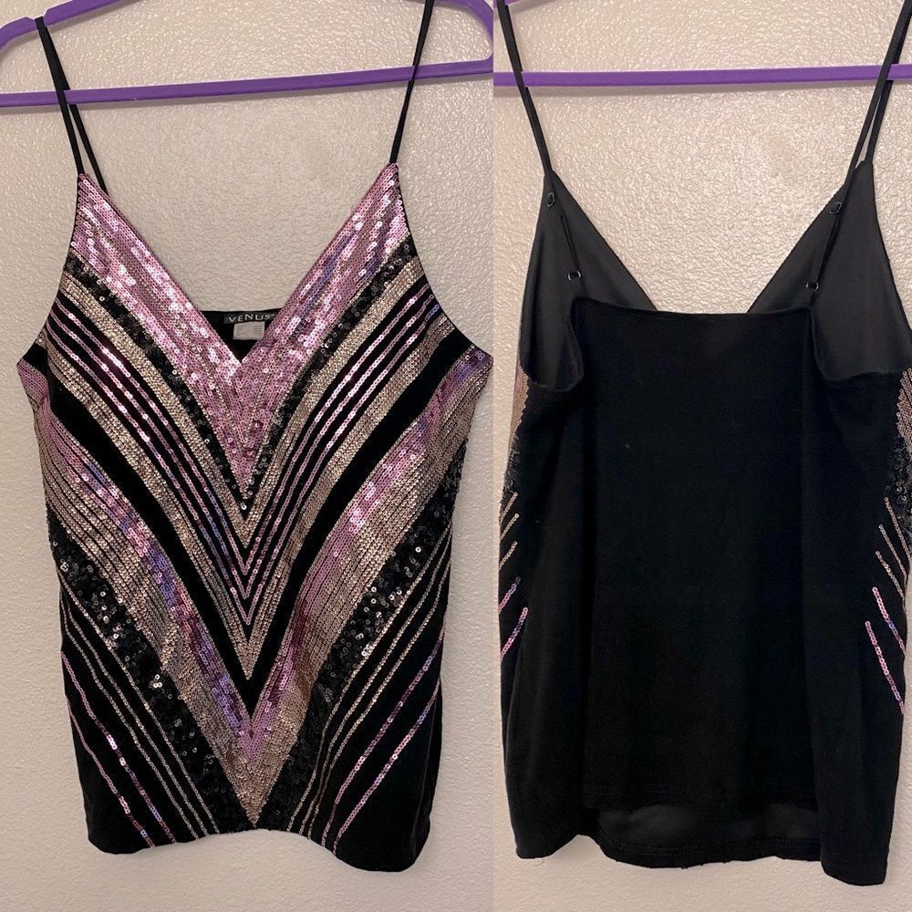Venus Sequin Cami slip blouse full sequin geometric front stretchy glam size L